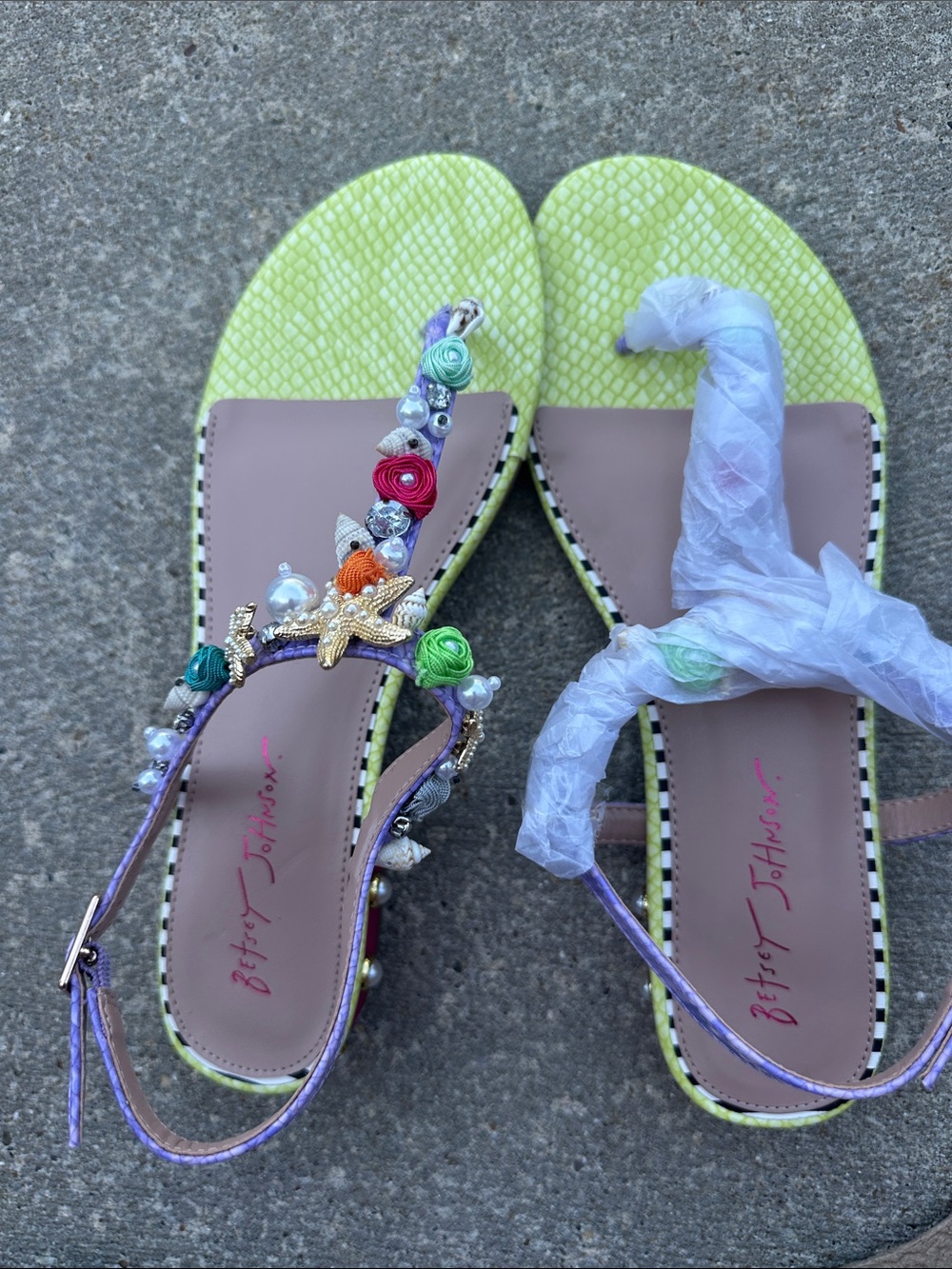 Betsey Johnson Lime Green Embellished T-Strap Sandals